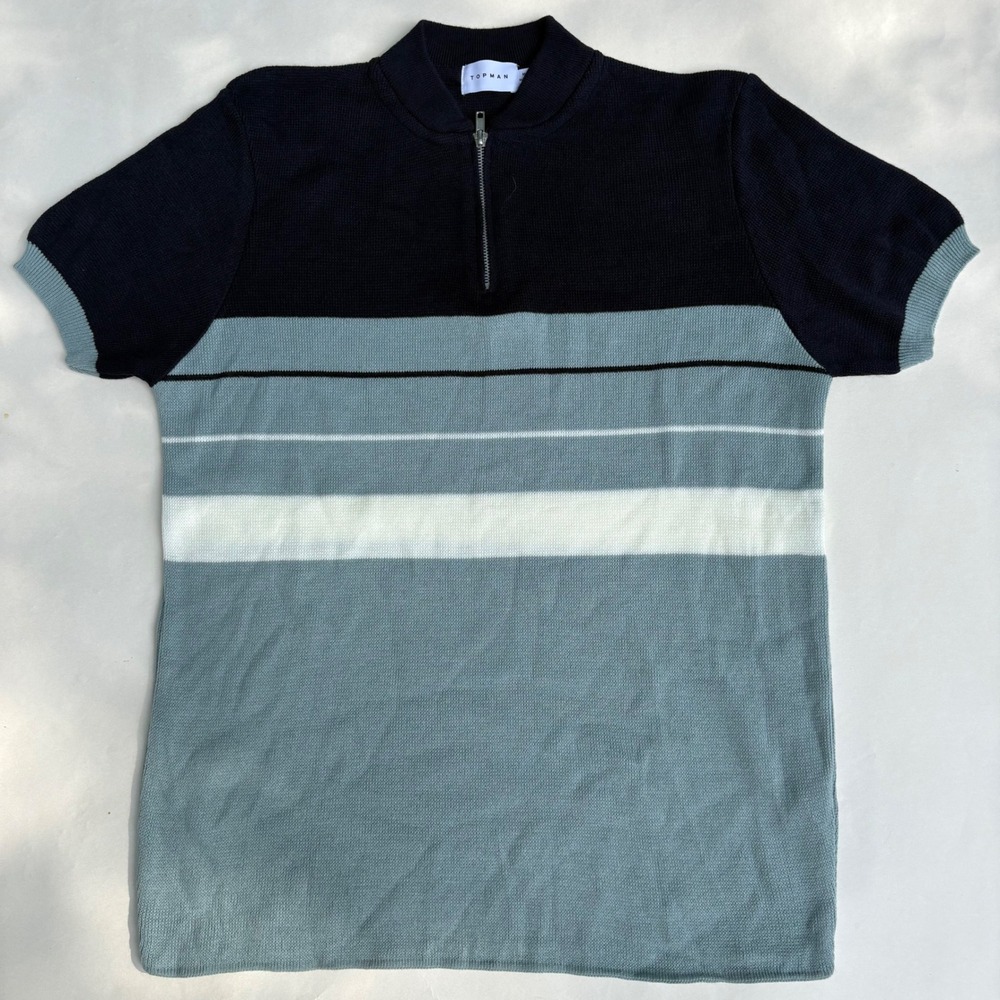 Topman Mens Quarter Zip Knit Polo Shirt Navy Blue Striped Short Sleeve Size M